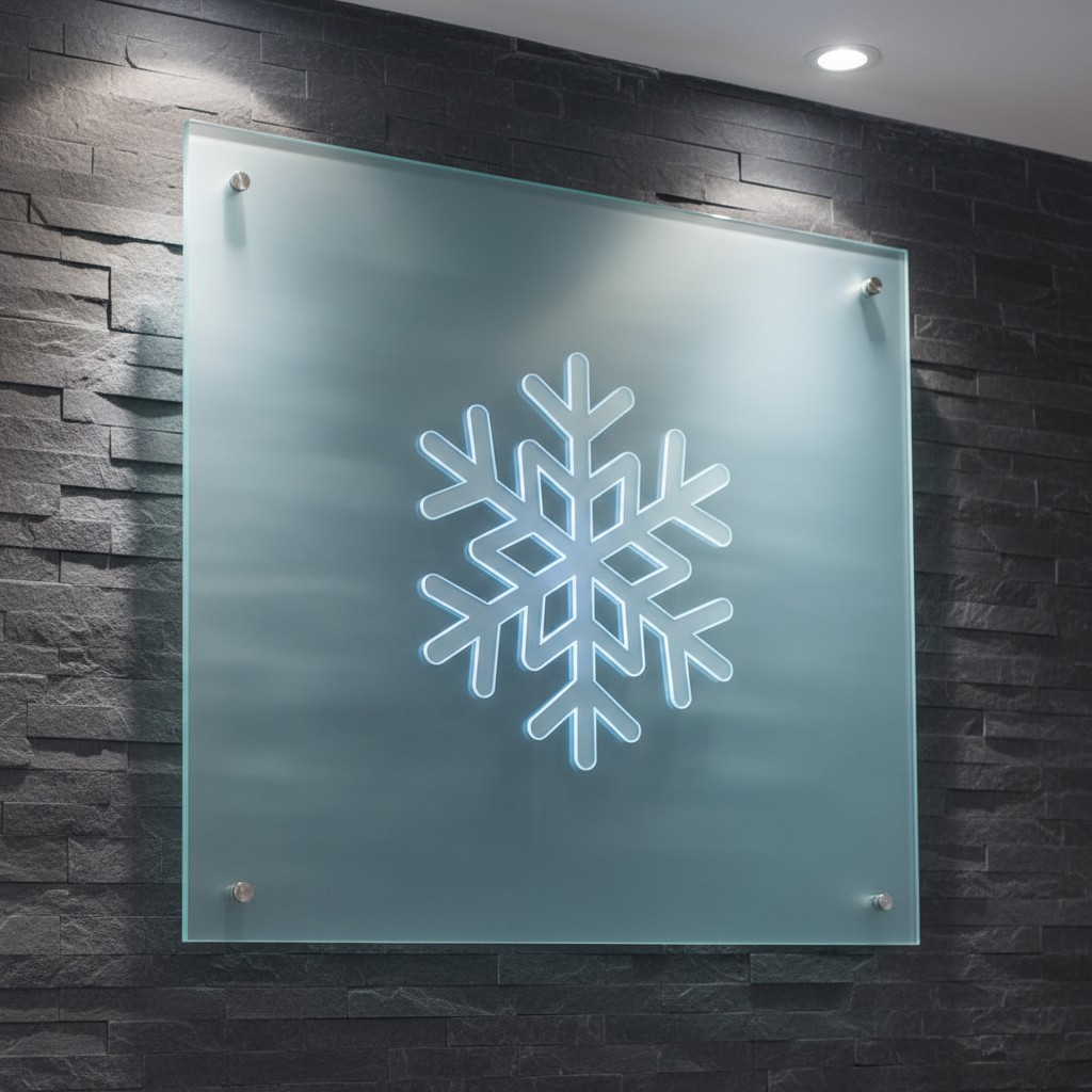 An illuminated glass sign displaying a light blue snowflake design, mounted on a black brick wall. The snowflake is outlin...